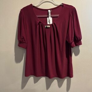 NY Collection Red Puff Sleeve Blouse with Pleated Details